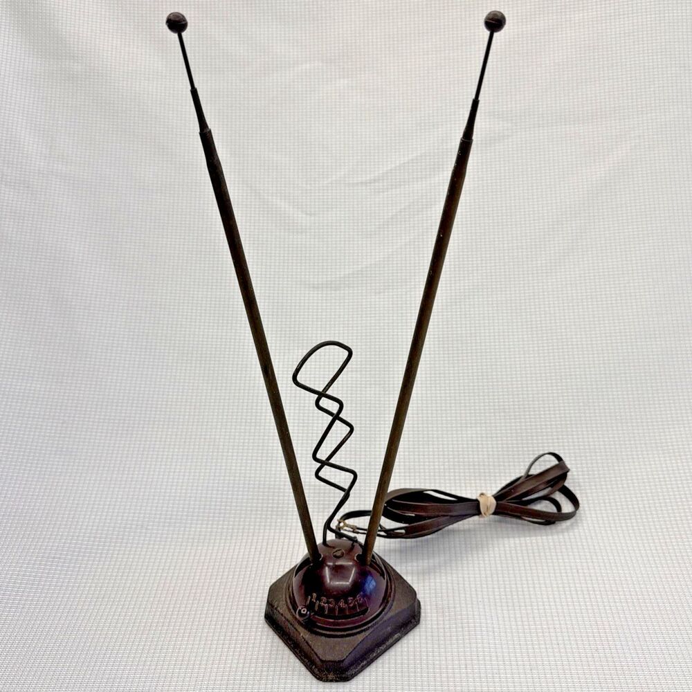 Vintage TV Antenna Telescopic Rabbit Ears Cast Iron Base & Brass Arms for VHF